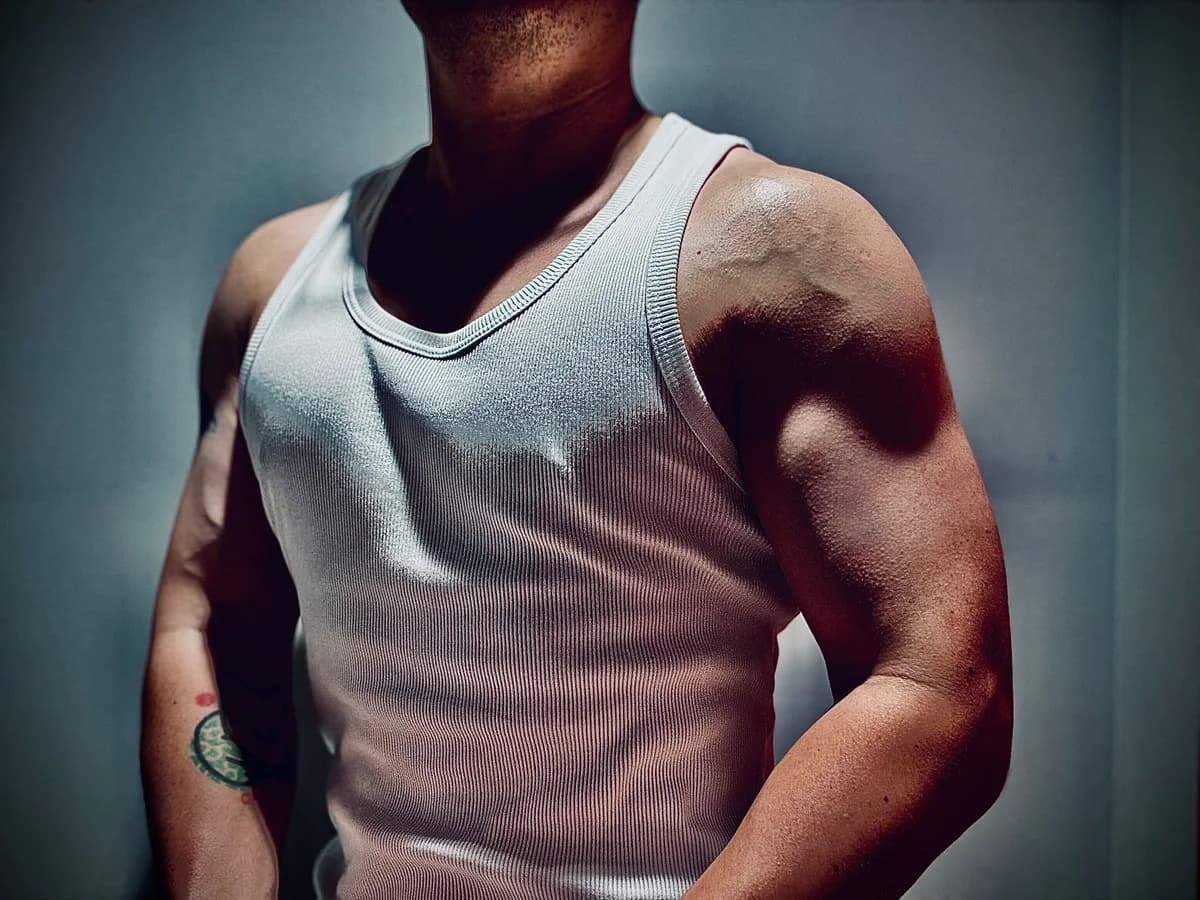 Feng in a white training tank top, showing his strength-training progress.